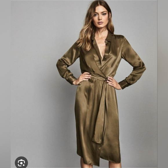 Reiss Dresses & Skirts - Reiss Olive Satin Wrap Midi Dress